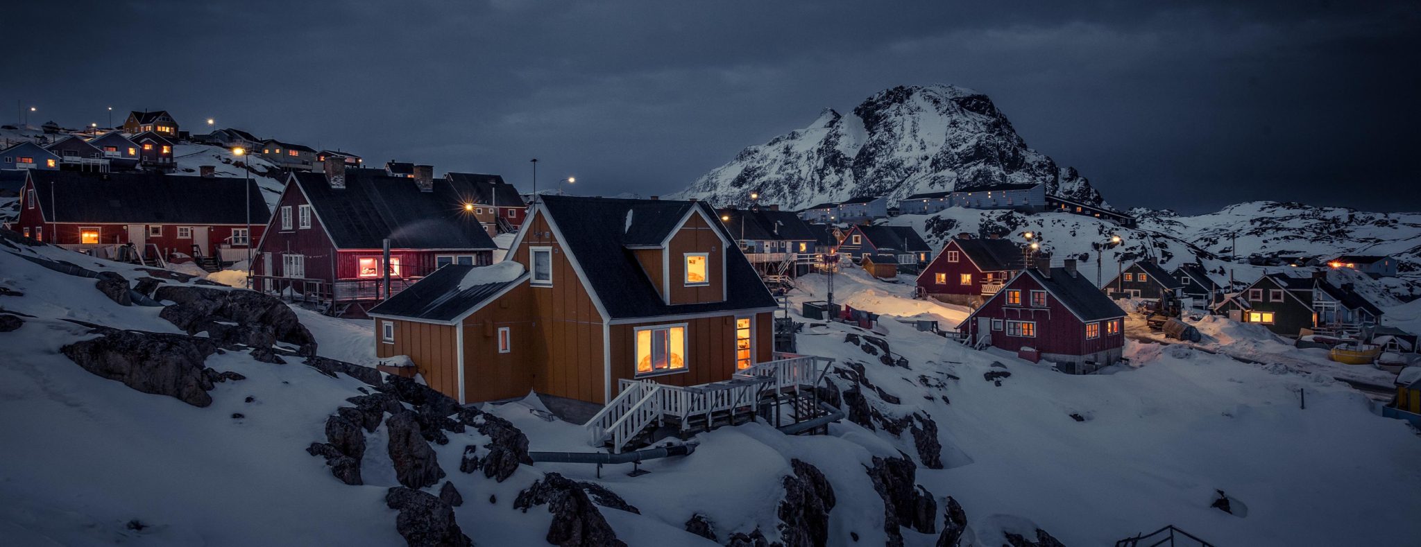 An evening view of one of the neighbourhoods in Sisimiut in Greenland