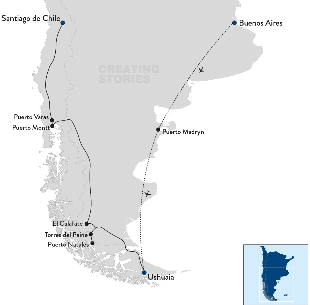 De zuidelijke ronde van Patagonië - kaart